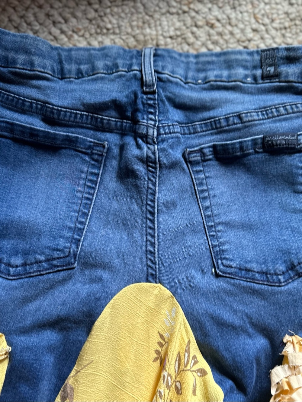 7 For All Mankind Yellow Floral Asymmetrical Skirt with Denim High Waist - Picture 4 of 8